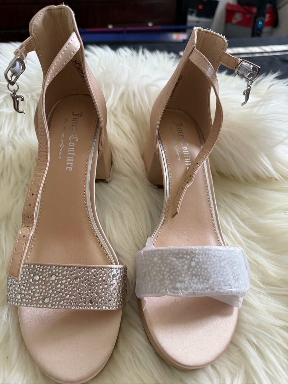 Juicy Couture Blush Pink Rhinestone Ankle-Strap Block Heels